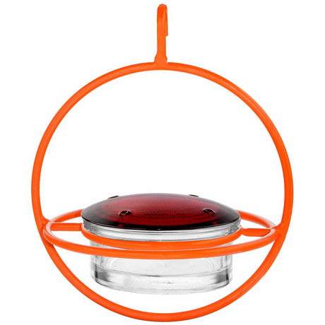 the orange hummingbird feeder against a white background - orange globe shape with a clear glass feeder in the center with red glass lid