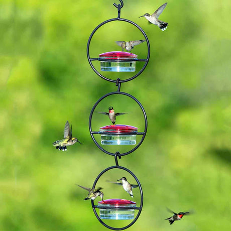 Hummingbird feeder with multiple levels and red ports against a green blurred background