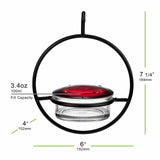 Hanging bird feeder with dimensions and fill capacity on a white background - measures 7.25 inches tall, 6 inches wide, 4 inches deep, with a 3.4 ounce fill capacity