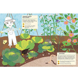 Illustration of a vegetable garden with a scarecrow, plants, and animals on a white background