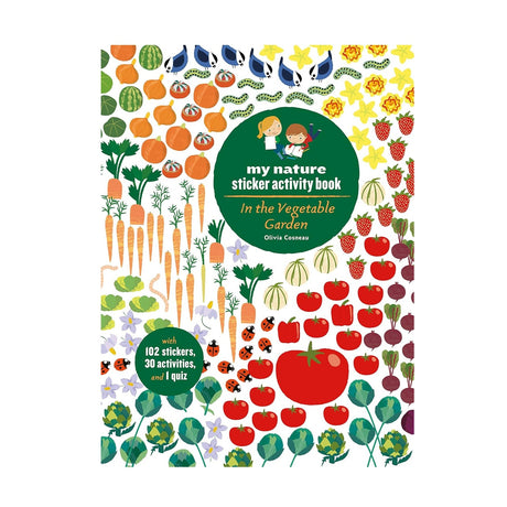 Sticker activity book cover with illustrations of vegetables and children in a garden