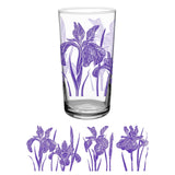 a clear glass tumbler printed with vintage inspired purple iris flowers print above a full wrap of the artwork
