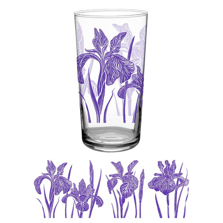 a clear glass tumbler printed with vintage inspired purple iris flowers print above a full wrap of the artwork