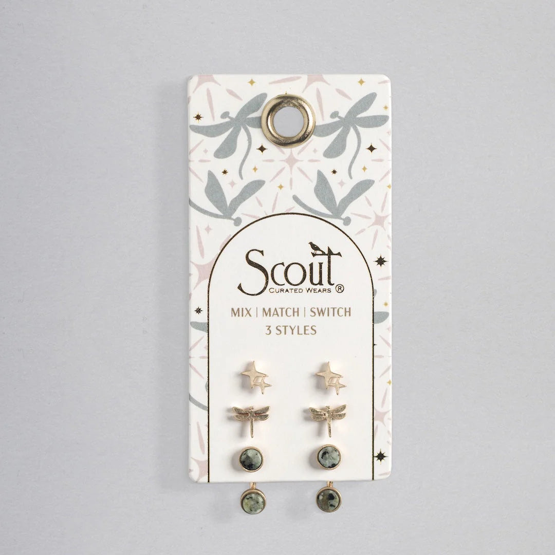 Stud Trio Ear Jacket Set - Gold Dragonfly + African Turqoise