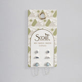 Set of earrings on a Scout branded card with geometric design