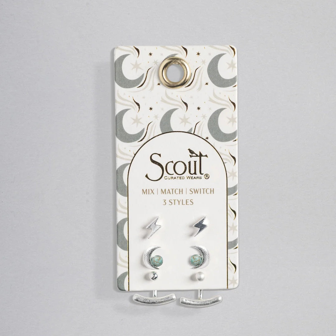Stud Trio Ear Jacket Set - Silver Moon + Turquoise