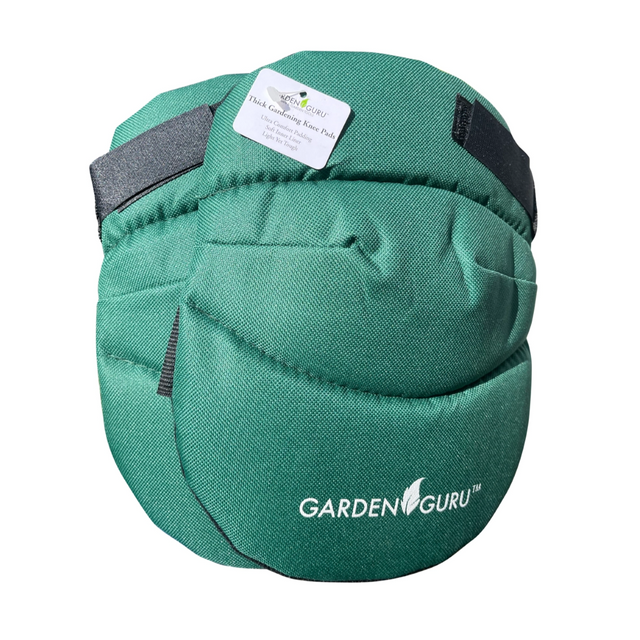 Green gardening knee pad with 'Garden Guru' branding on a white background