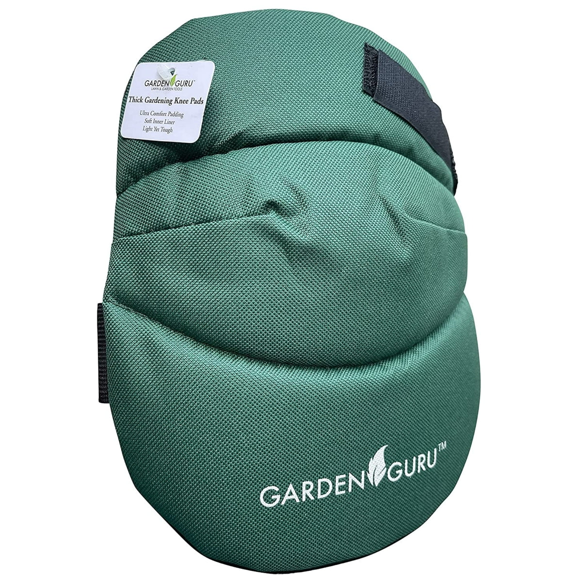 Green gardening knee pad with 'Garden Guru' branding on a white background