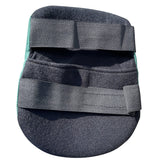 the backside of the garden guru knee pads showing black fabric and black adjustable elastic support bands