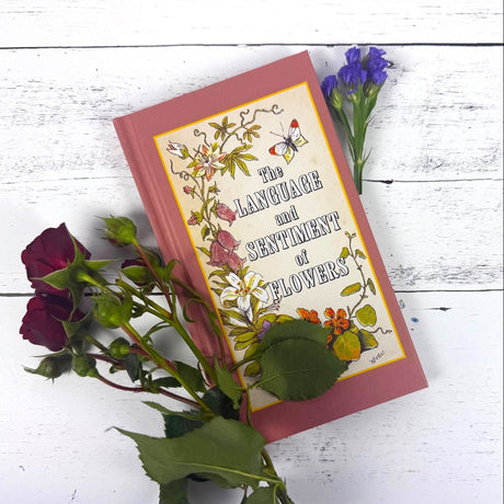 Book titled 'The Language and Sentiment of Flowers' with floral design on a white wooden surface.