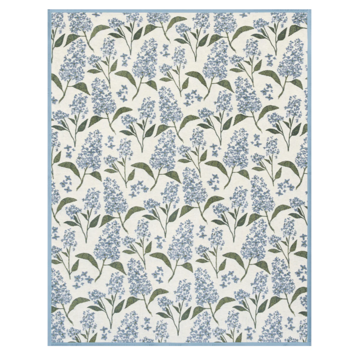 Floral patterned blanket with blue lilac flowers and green leaves on a white background