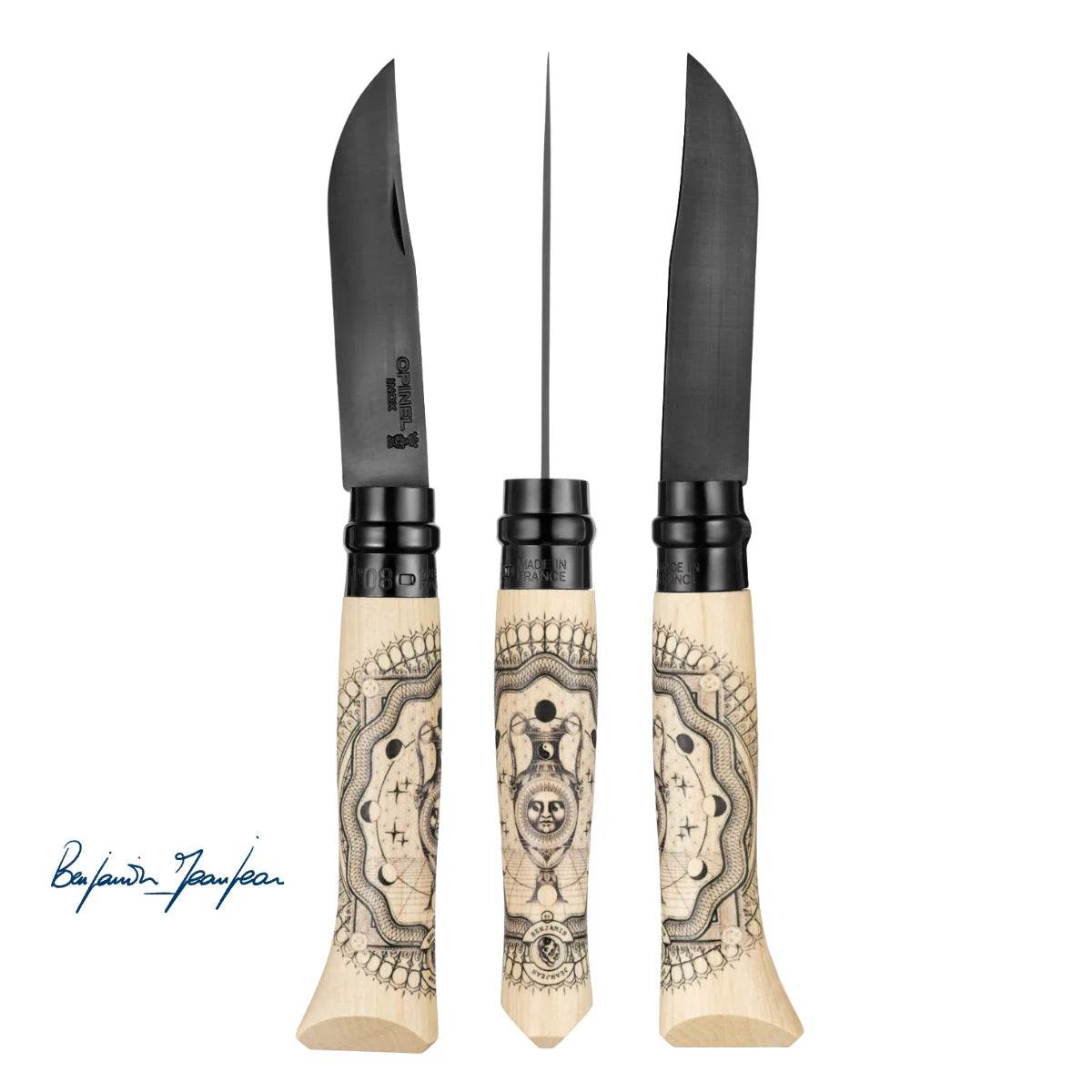 Three of the Cosmos knife with black blade shown at three different angles to show the designs of the handle on a white background