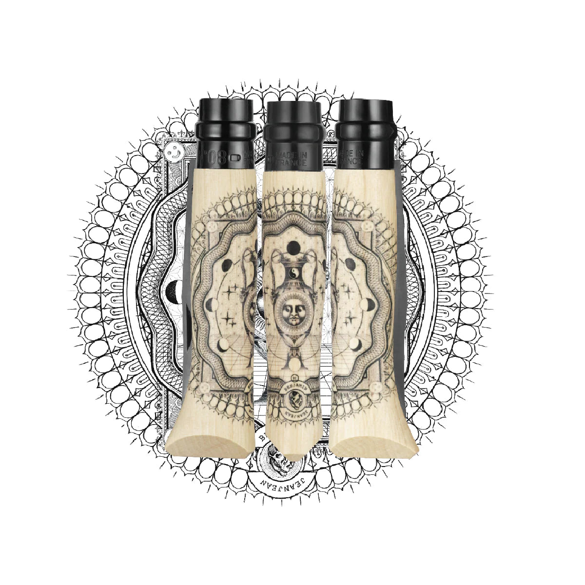 Three angles of the knife handle showcasing the wrap around sun, moon, and cosmos design on a white background