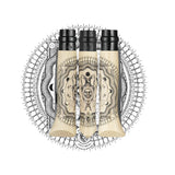 Three angles of the knife handle showcasing the wrap around sun, moon, and cosmos design on a white background