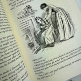 interior page of Little Women showing antique type face and vintage illustration of Amy burning Jo's book in the fireplace