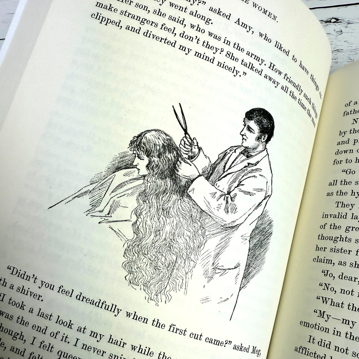 interior page of Little Women showing antique typeface and vintage illustration of Jo getting her hair cut short