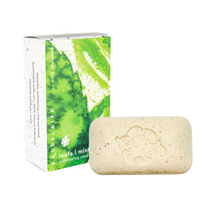 the Mint Loofa soap box with its green and white abstract design alongside a bar of the mint loofa soap