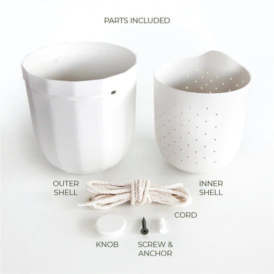 the white loop planter and all of its parts and pieces: outer shell, inner shell, knob for the wall, screw and anchor, and hanging cord