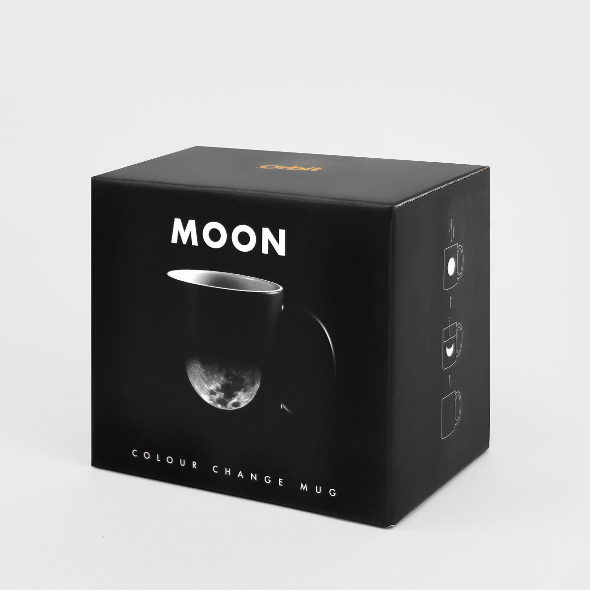 Black box packaging for a 'MOON' color-changing mug on a light gray background