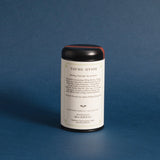 the backside of the Young Hyson tea tin on a deep blue background