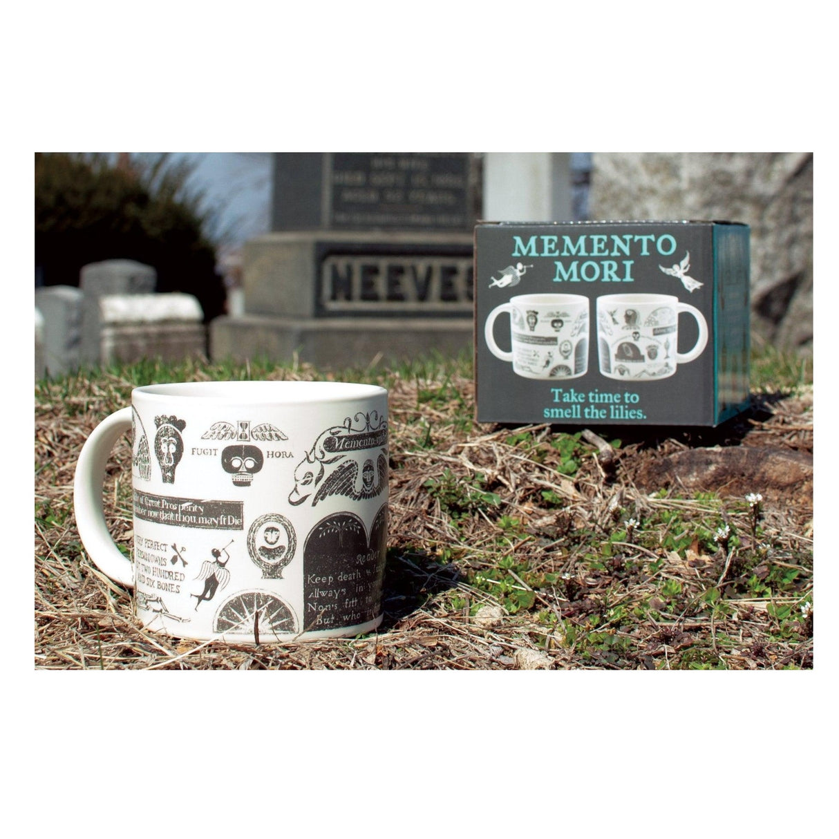 Memento Mori mug with decorative design in front of a gravestone