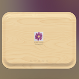 Wooden tray back with a purple flower label on a gradient background
