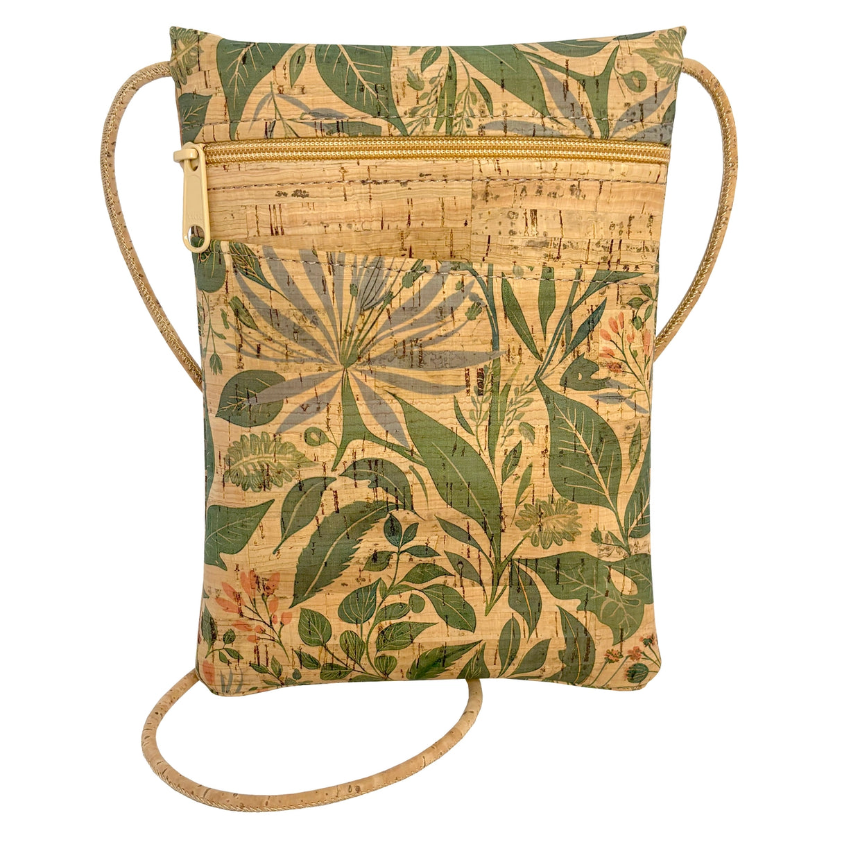 Cork bag with lush botanical pattern on a white background