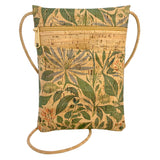 Cork bag with lush botanical pattern on a white background