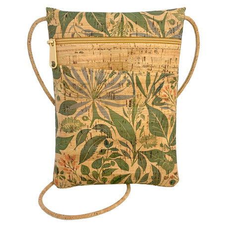Cork bag with lush botanical pattern on a white background