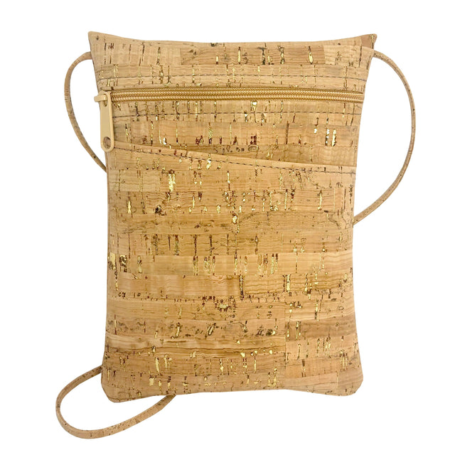 Cork crossbody handbag with gold fleck design on a white background