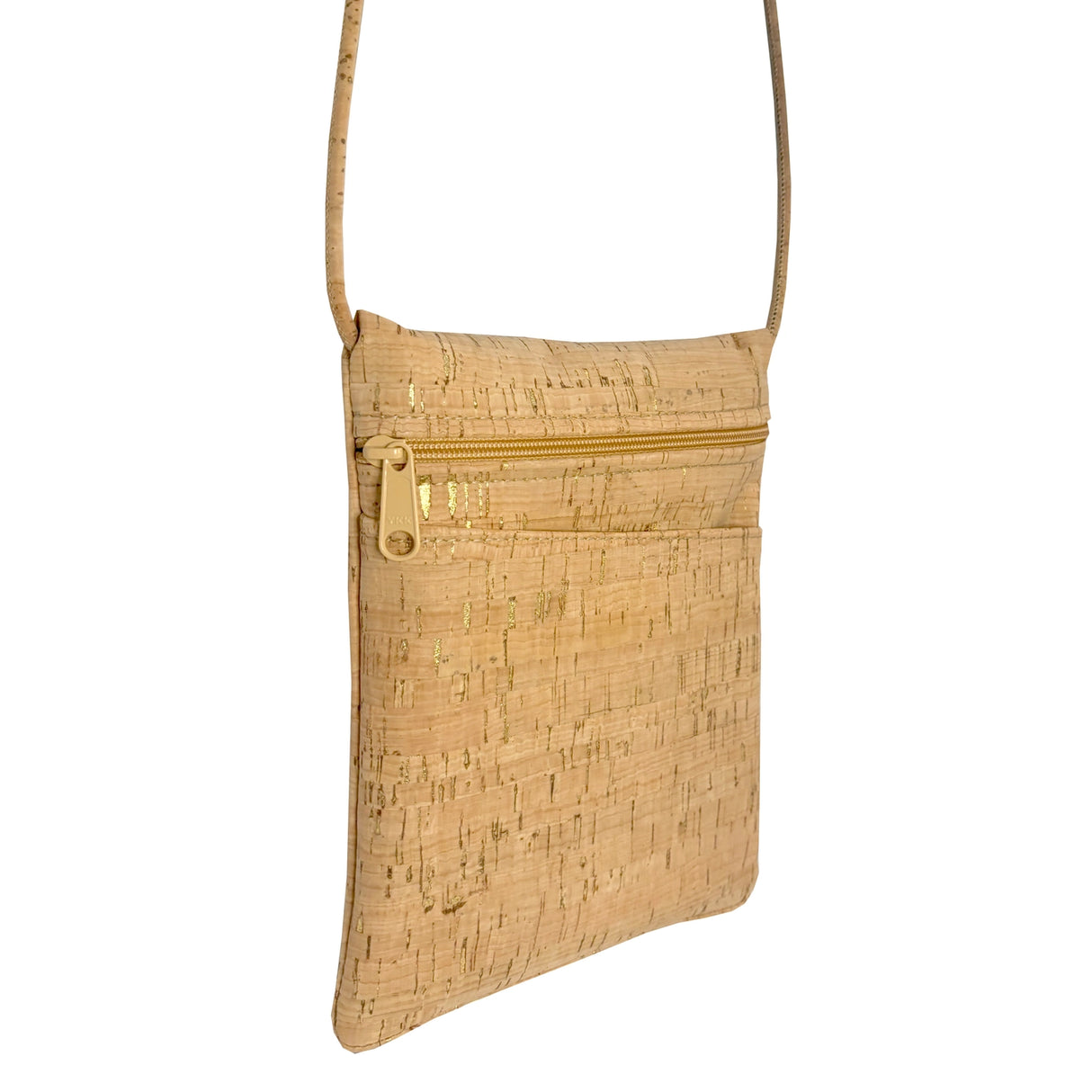 Cork crossbody bag with gold fleck design on a white background