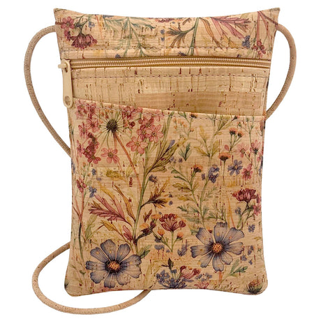 Floral-patterned cork bag with shoulder strap on a white background