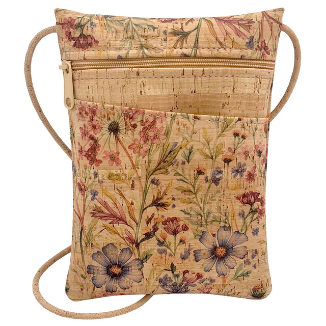 Floral-patterned cork bag with shoulder strap on a white background
