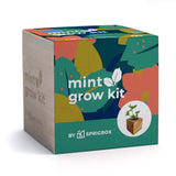 A square product box for a mint grow kit by Sprigbox, featuring a colorful abstract leaf pattern on the top and front panels, with a light wood-toned side panel and a small plant illustration in a pot.