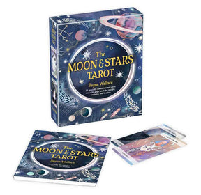 Boxed deck of Moon & Stars Tarot cards standing upright on a white surface with accompanying booklet and two cards fanned in front of the box