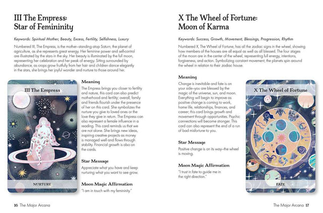 Interior page of the Moon & Stars Tarot cards booklet outlining Meaning, Star Message, Moon Magic Affirmation for each card - this 2 page spread shows an image of the Lovers card and info on the left page, and the Chariot card and info on the right page.