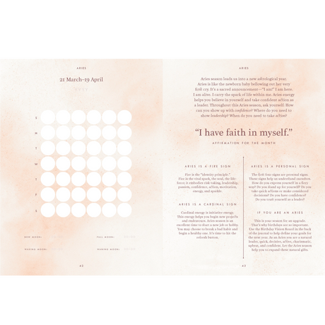 interior page of the Moon Journal with Aries zodiac section on a light pink background - includes inspiration and affirmations