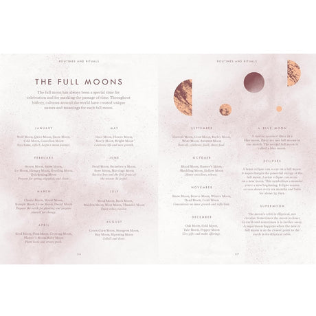 Interior page of the Moon Journal with the different full moons and their meanings for each month of the year