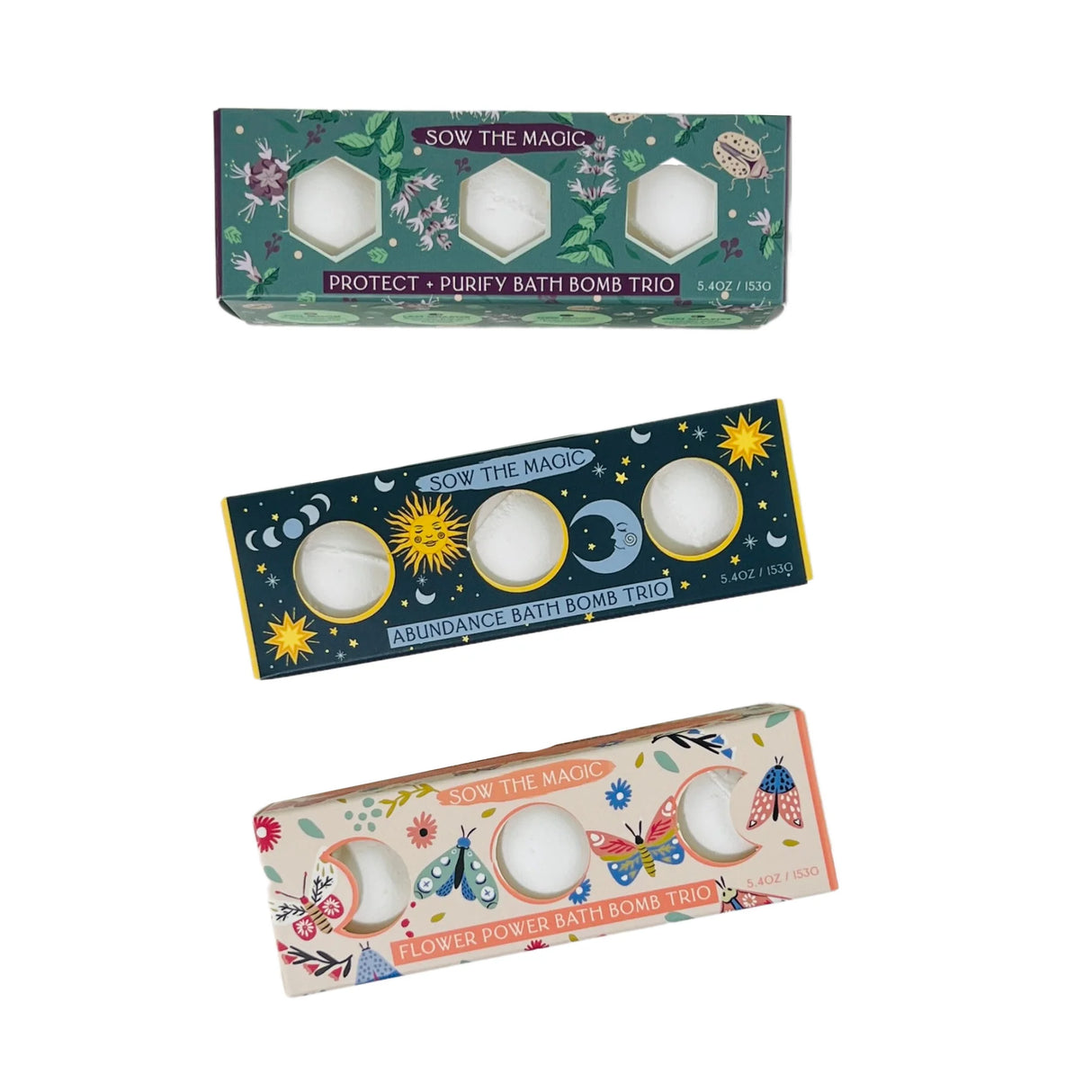 Three bath bomb boxes with colorful designs and text on a white background