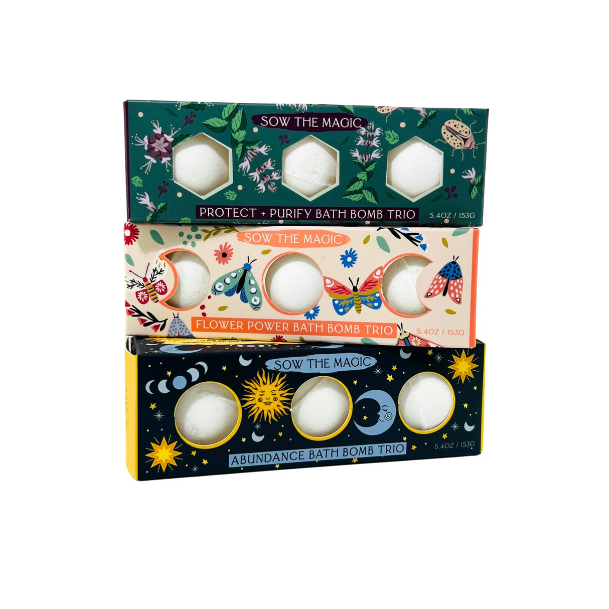Three bath bomb sets with colorful packaging on a white background