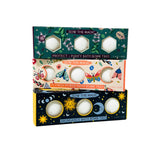 Three bath bomb sets with colorful packaging on a white background