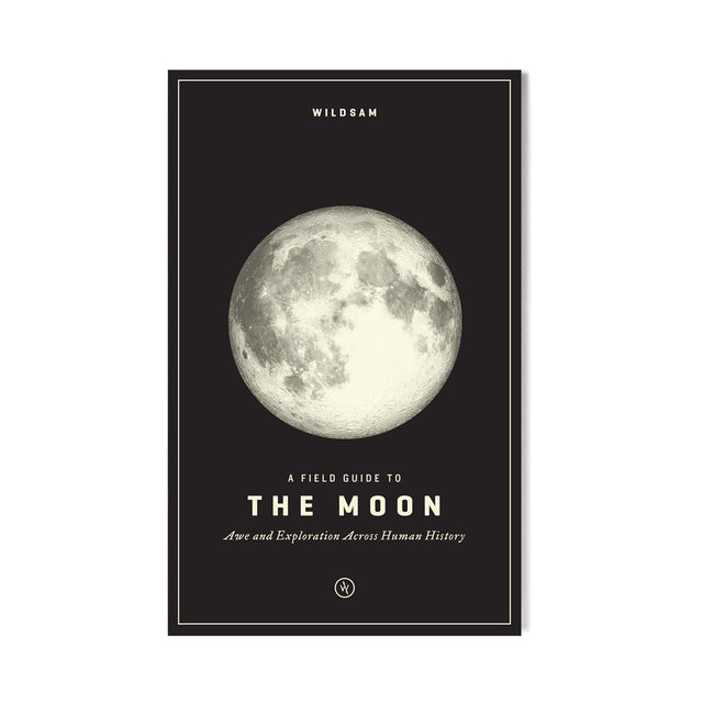 the cover image for a field guide to the moon - black cover with full moon image and white text