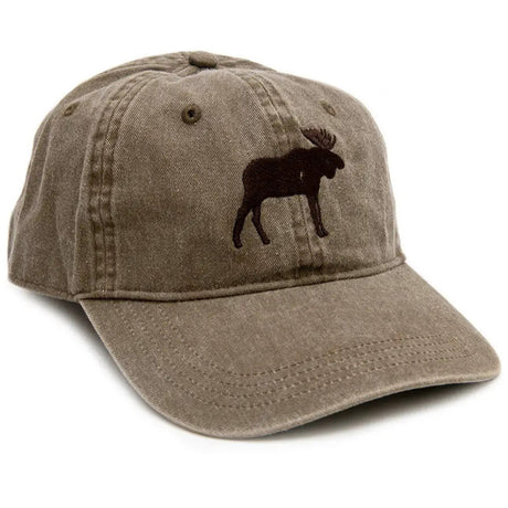 a washed brown baseball cap with an embroidered moose in profile