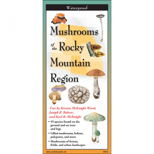 The cover image of Common Mushrooms of the Rocky Mountain Region folding guide featuring a selection of illustrations of mushrooms against a map of the Rocky Mountain Region.
