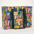 Tote bag with colorful mushroom pattern on a green background