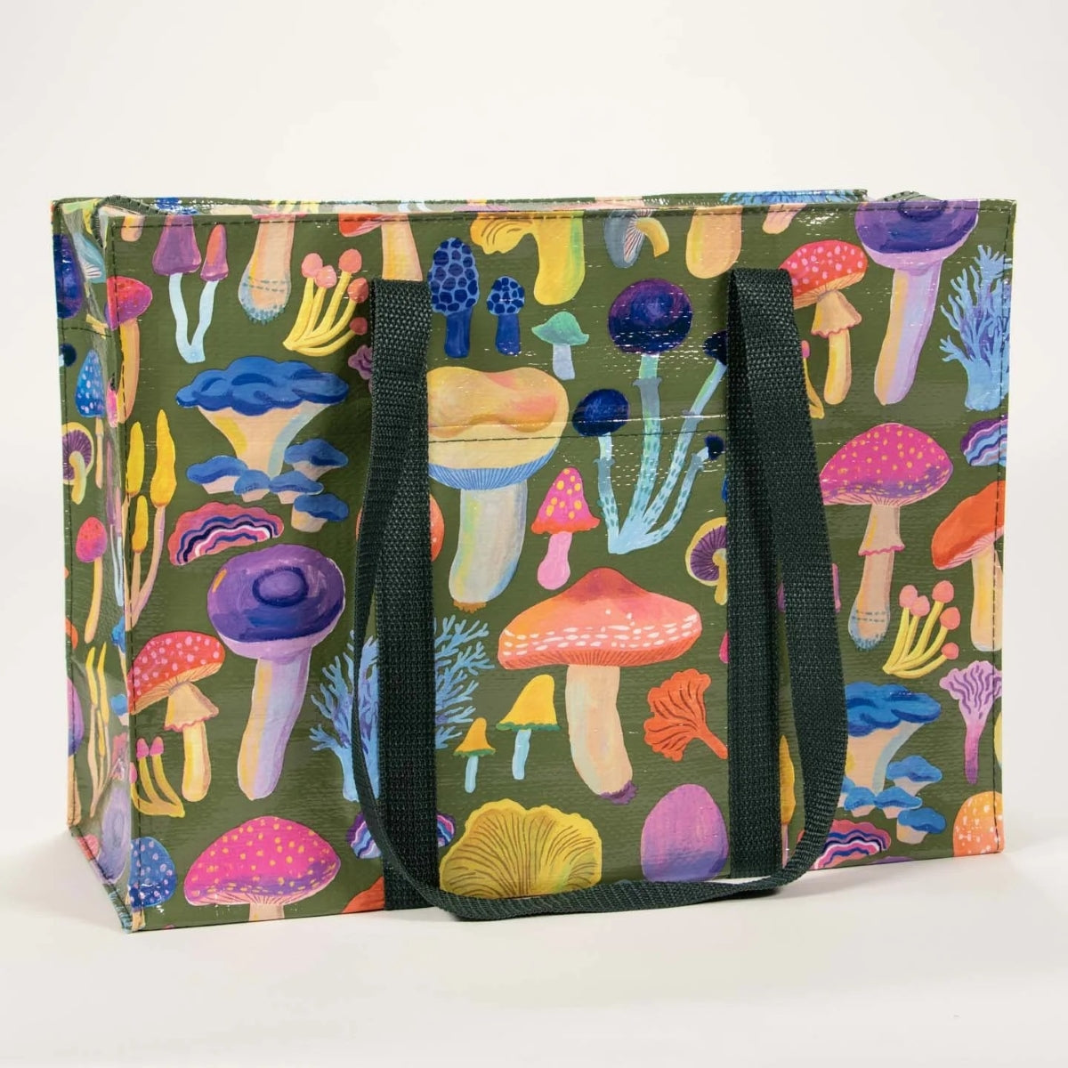 Tote bag with colorful mushroom pattern on a green background