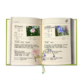 Open book with gardening notes and plant illustrations on a white background