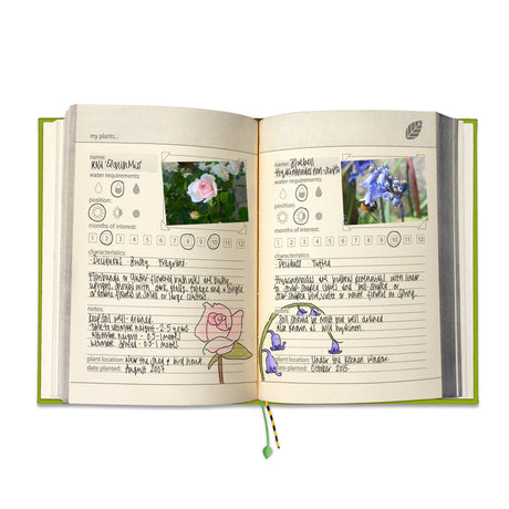 Open book with gardening notes and plant illustrations on a white background