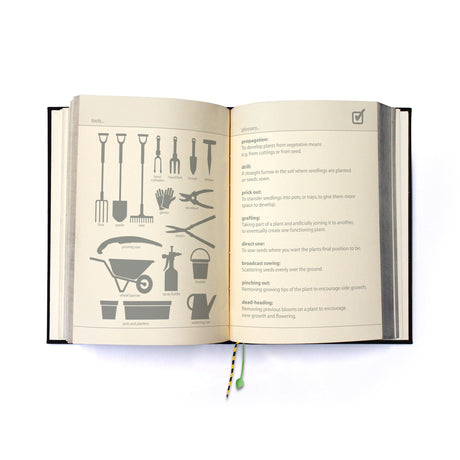 Open book with gardening illustrations and text on a white background