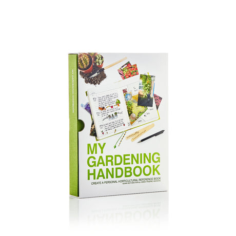 Gardening handbook packaging with images of plants and tools on a white background